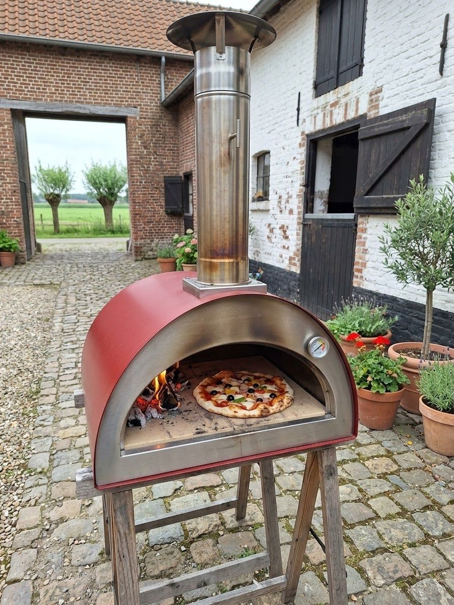 Houtgestookte pizzaoven op een boerderijkoer