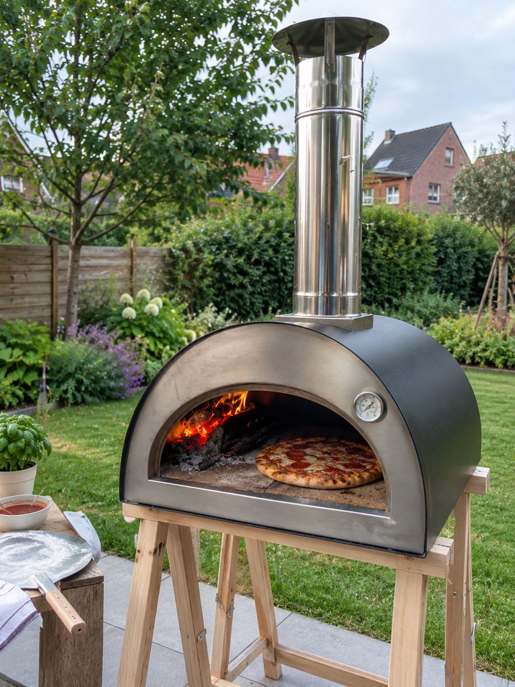 Pepperonipizza bakkend op het vuur in de pizzaoven